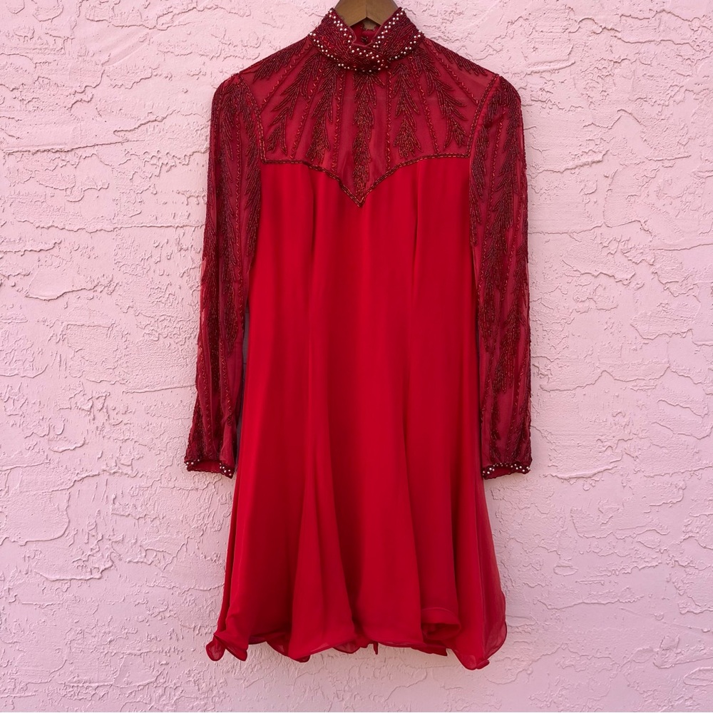 Vintage Lillie Rubin Beaded Silk Dress Red Long Sleeve High Collar Size 4 Flaw